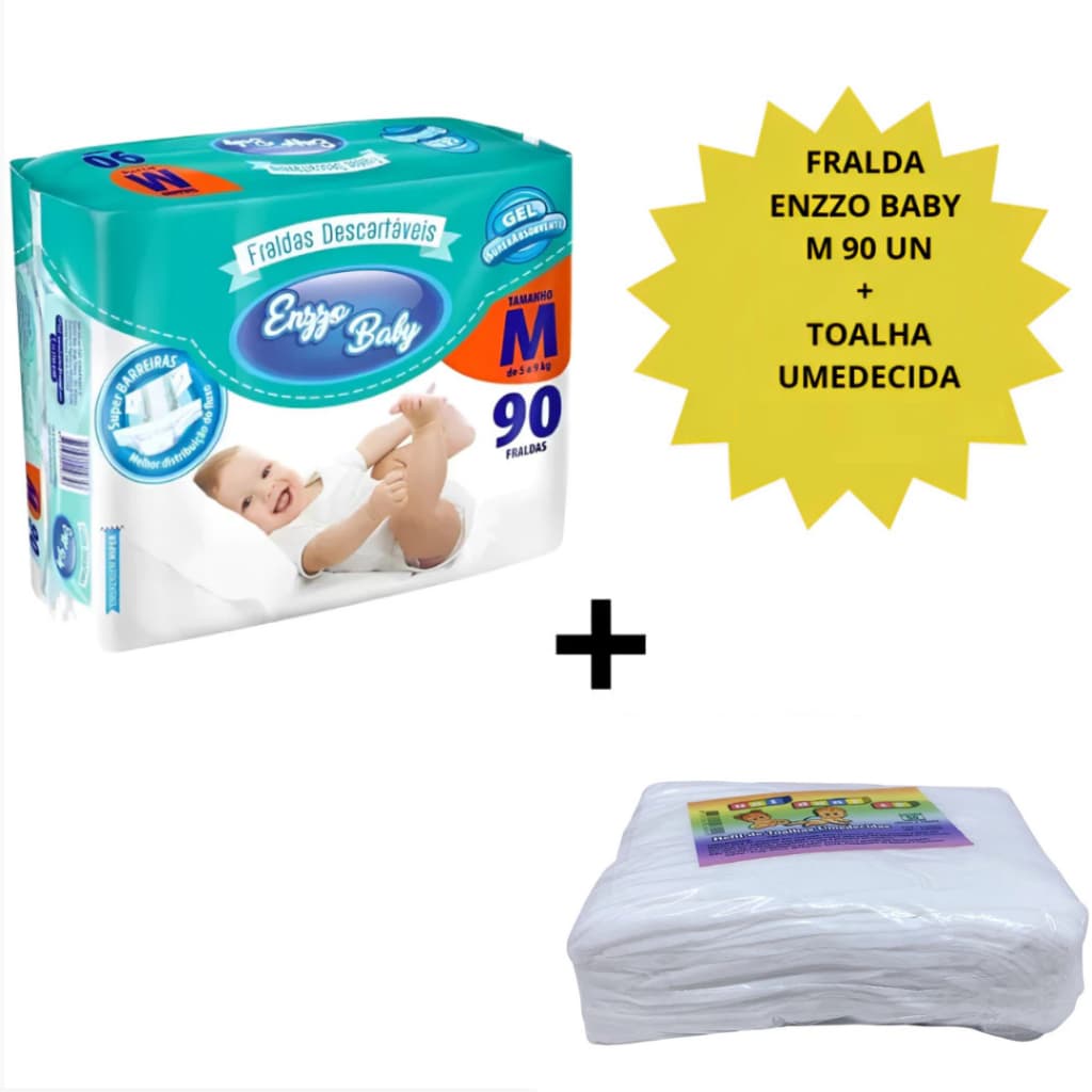 Kit Fralda Descartável Infantil Enzzo Baby M Com  90 Unidades +TOALHA UMEDECIDA C/ 50 Unidades