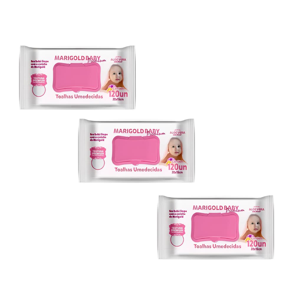 Toalhas umedecidas para Higiêne do bebê Marigold Premium ROSA - Kit com 360lenços (3 PCTS)