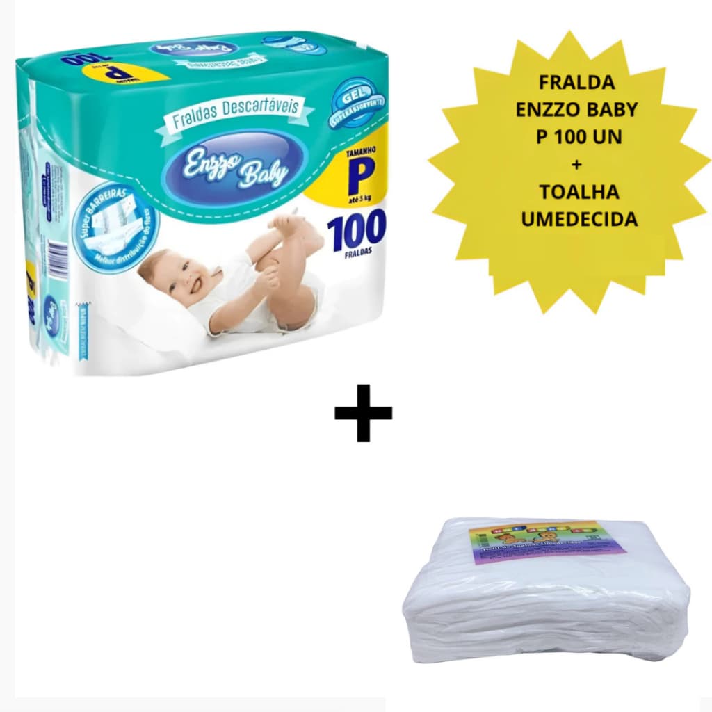 Kit Fralda Descartável Infantil  Enzzo Baby P Com 100 Unidades +TOALHA UMEDECIDA C/ 50 Unidades