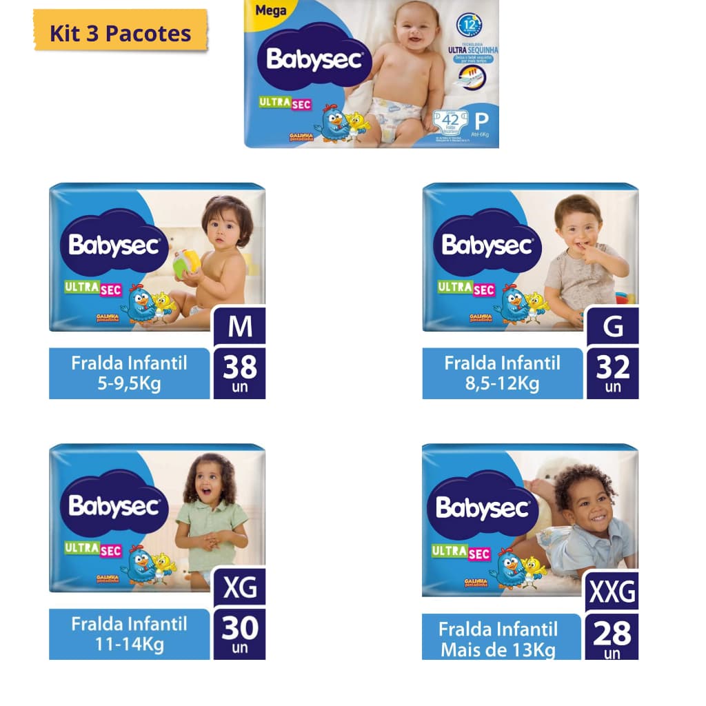 Kit 3 Pacotes Fraldas BabySec Galinha Pintadinha Mega Ultra Sequinha