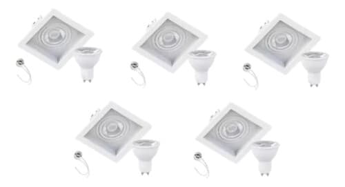 Kit 5 Spot Embutir Dicroica Led Mr16 Recuado Com Lâmpada 7w LED BQ BF GU10 Bivolt Acabamento Luminária de Teto
