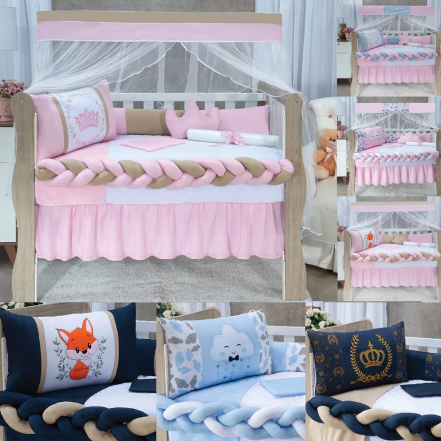 Kit de Berço Americano 11 Peças Protetor de Trança Quarto Bebê Enxoval Menina Menino Estampado Luxo
