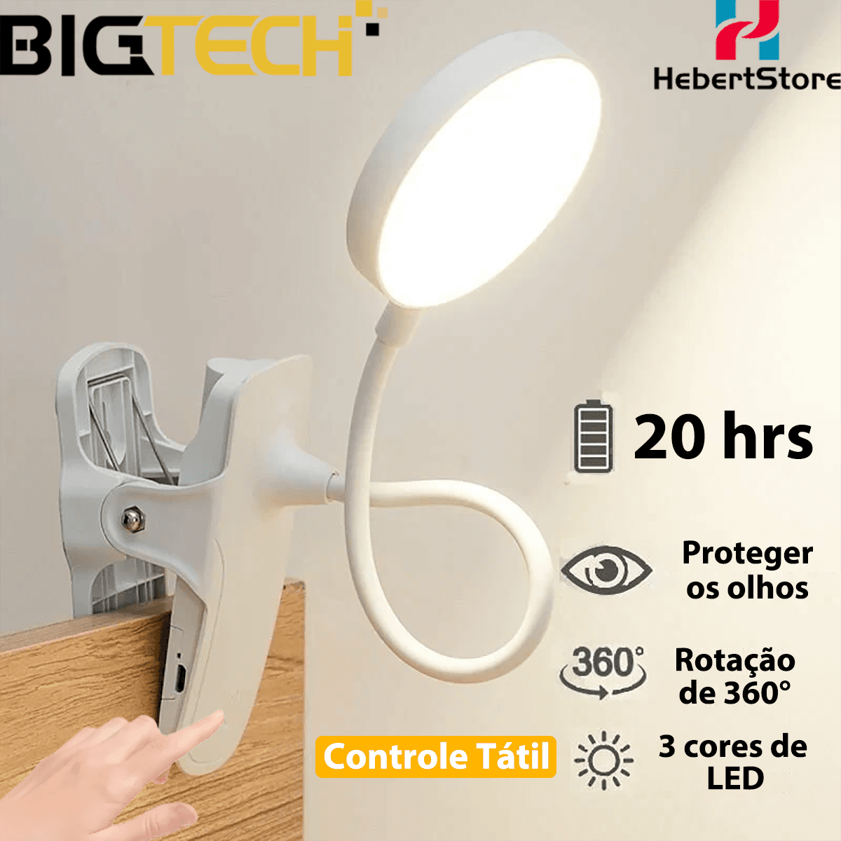 Luminária de Mesa Touch C/S Garra 20h 360° Ajustável 3 Cores de Luz Recarregável para Leitura TD129