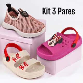Kit com 3 pares de tenis e sandália infantil para meninass. Confortável. Lucks calçados