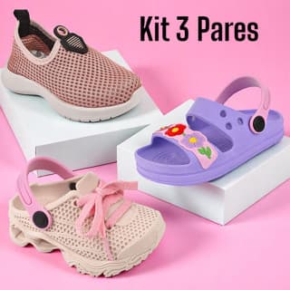 Kit com 3 pares de tenis e sandália infantil para meninas. Confortável. Lucks calçados