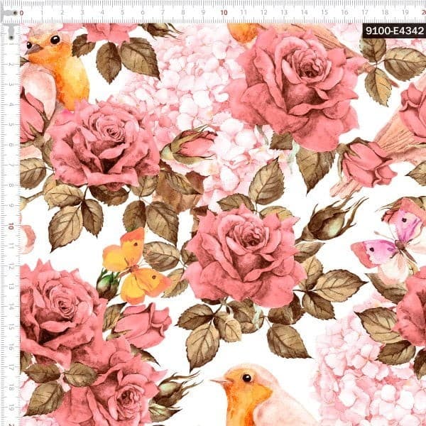 Tecido Tricoline Digital Rosas E Pássaros Rose 100% Algodão Qualidade Superior Confecção Fina