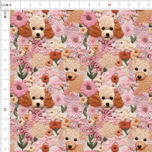 Tecido Tricoline Digital Bordados Cachorros E Flores 100% Algodão Mesa Posta Quilting Bolsas Luxo
