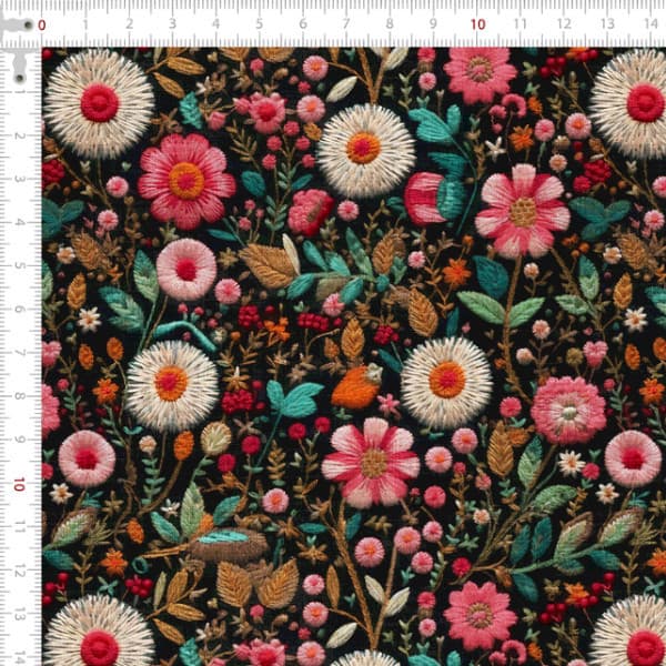 Tecido Tricoline Digital Flores Bordadas Fundo Escuro 100% Algodão Patchwork Confecção Fina Quilting