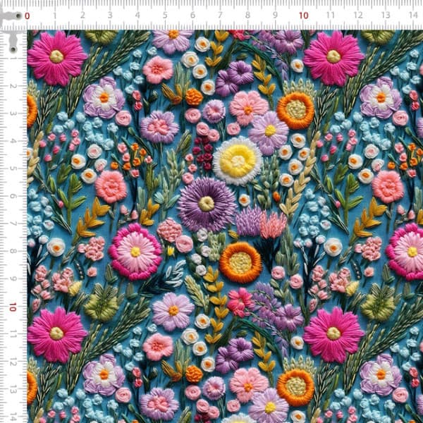 Tecido Tricoline Digital Belas Flores Bordado Fundo Azul 100% Algodão Artigos De Ateliê Patchwork