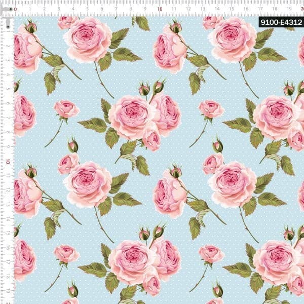 Tecido Tricoline Digital Floral Rosa E Bolinhas Azul 100% Algodão Costura Criativa Mesa Posta