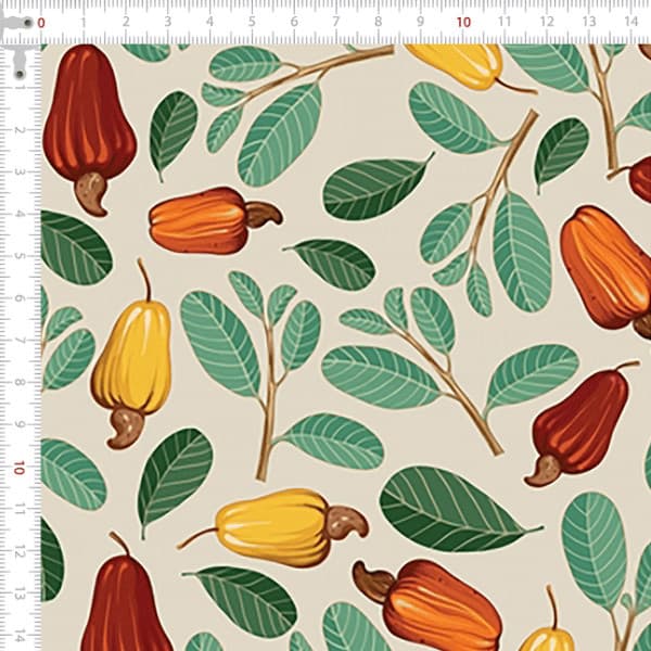Tecido Tricoline Digital Cajú Com Folhagens Fundo Bege 100% Algodão Cozinha Chic Qualidade Superior