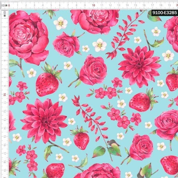 Tecido Tricoline Digital Floral E Morangos 100% Algodão Patchwork Costura Criativa Enxoval Quilting