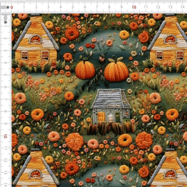 Tecido Tricoline Digital Cabanas Abóboras E Flores 100% Algodão Artigos De Ateliê Quilting Enxoval
