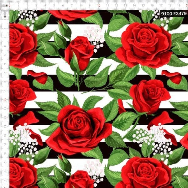Tecido Tricoline Digital Roseira Listrada Personalizado 100% Algodão Cozinha Chic Enxoval Patchwork