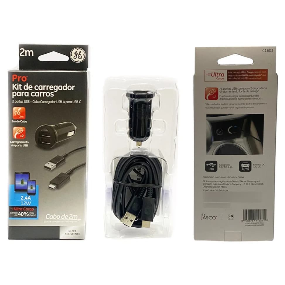 CARREGADOR VEICULAR TURBO, COM 2 PORTAS USB CABO TIPO-C 2METROS