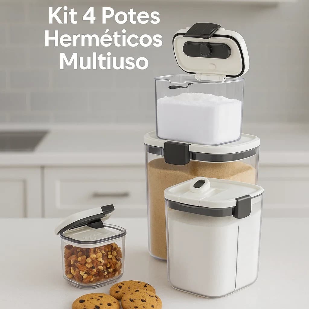 Kit 4 Potes Herméticos Plástico Dispensers Multiuso Cozinha Multiuso Organizador Alimentos Grãos Cereais BPA