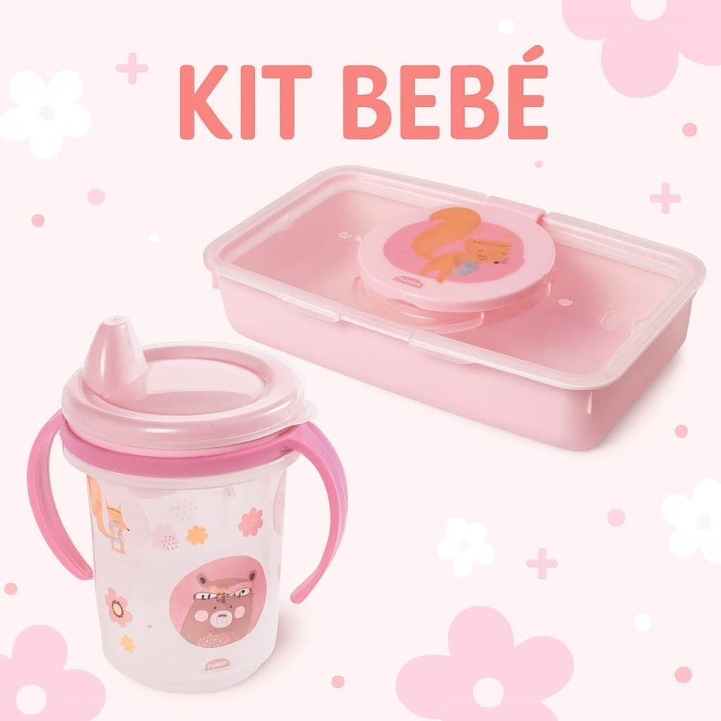 Kit 2 Peças Porta Toalhas Umedecidas Com Tampa e Vedação + Copo De Transição Com Tampa e Alça Bebê Infantil