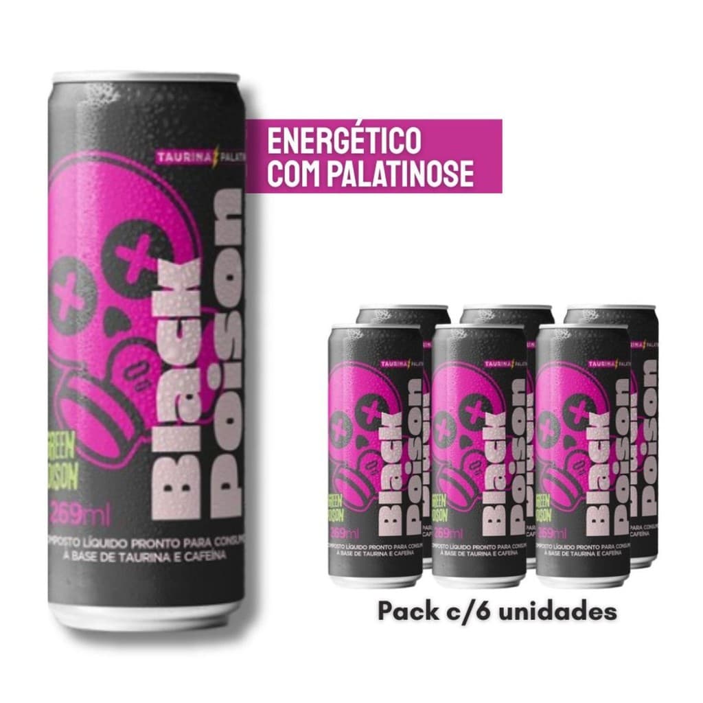 Kit 6 Energético Black Poison Com  Palatinose Lata 269ml Baixa Caloria Lançamento