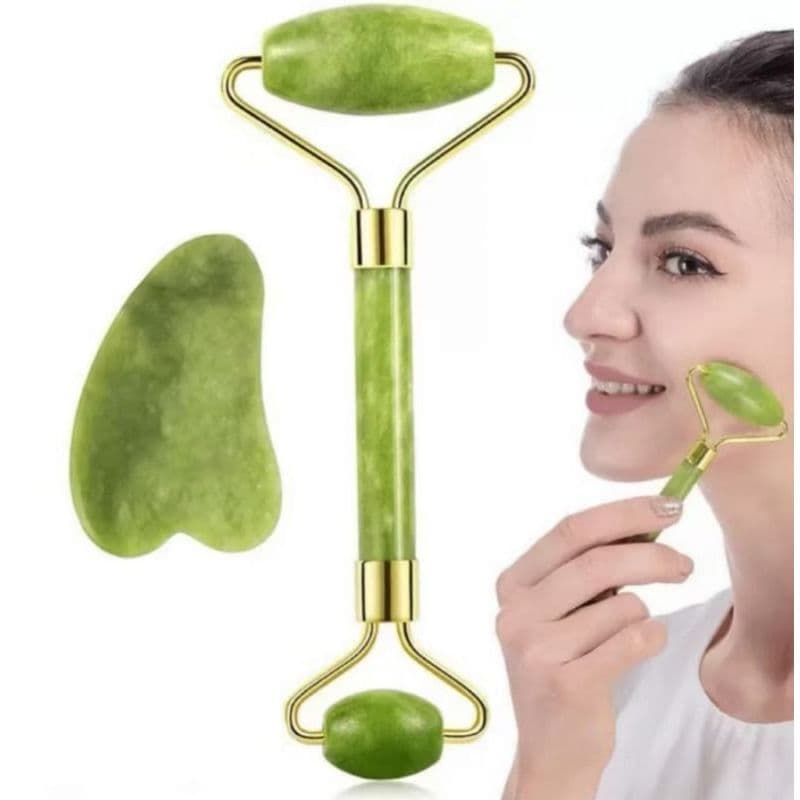 Kit  Rolo de Jade + Pedra Gua sha de Massagem Facial  Reduz Inchaço Rejuvenescimento
