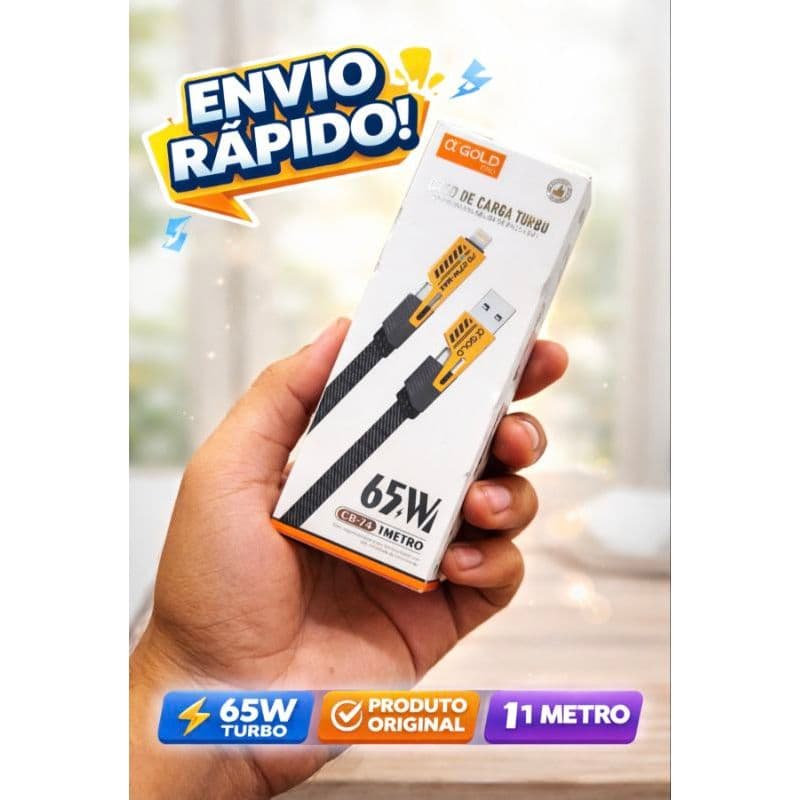 Cabo carregador USB Turbo 65W 1 Metro Reforçado Nylon Carregamento Rápido Ol'Gold Cabo de Carregador