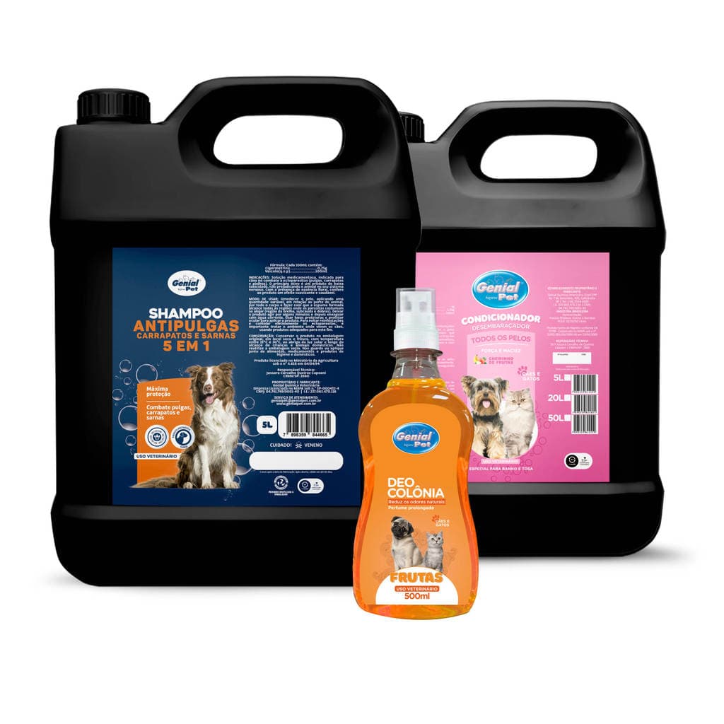 Linha Antipulgas Carrapatos e Sarnas 5L Shampoo, Condicionador e Deo Colônia 500ml para Cães