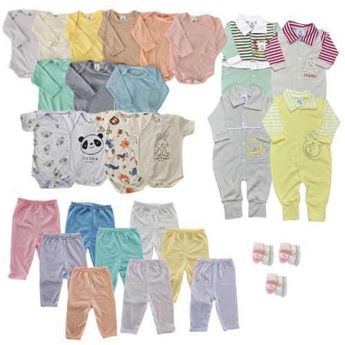 Kit c/ 11 Peças Enxoval de Bebê Completo com Macacão, Body, Mijão, Touca, Luva e Meia em Algodão
