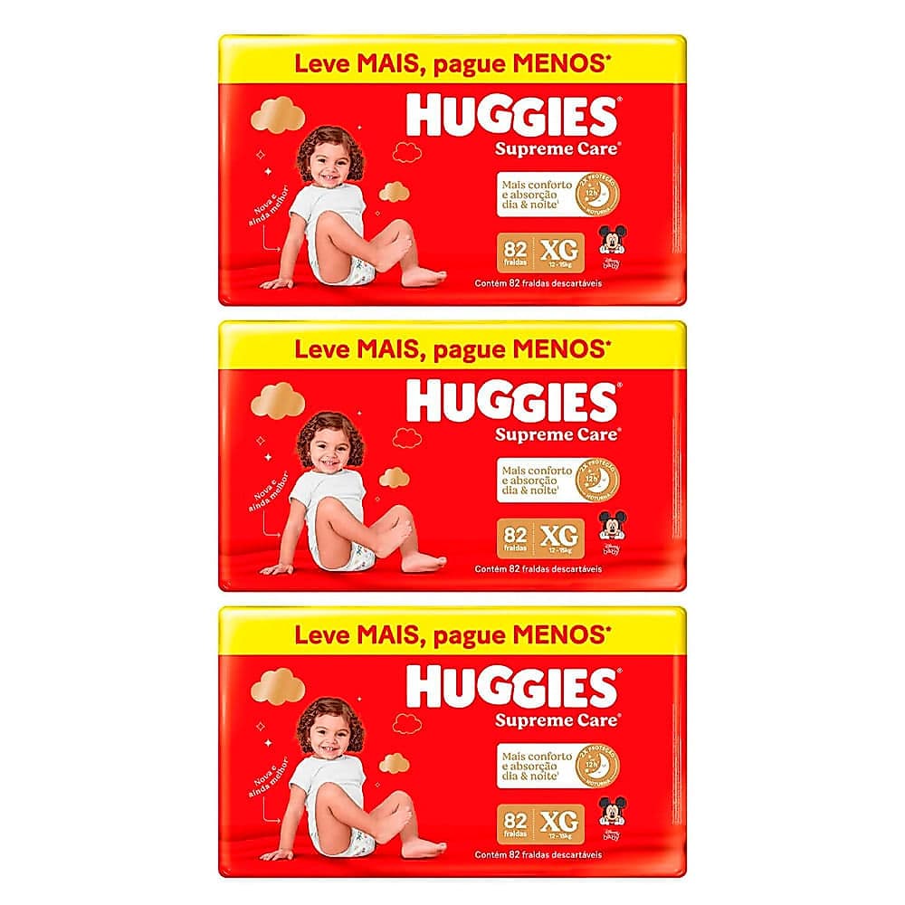 Kit 3 Fralda Huggies Supreme Care Max XG 82 unidades Cada
