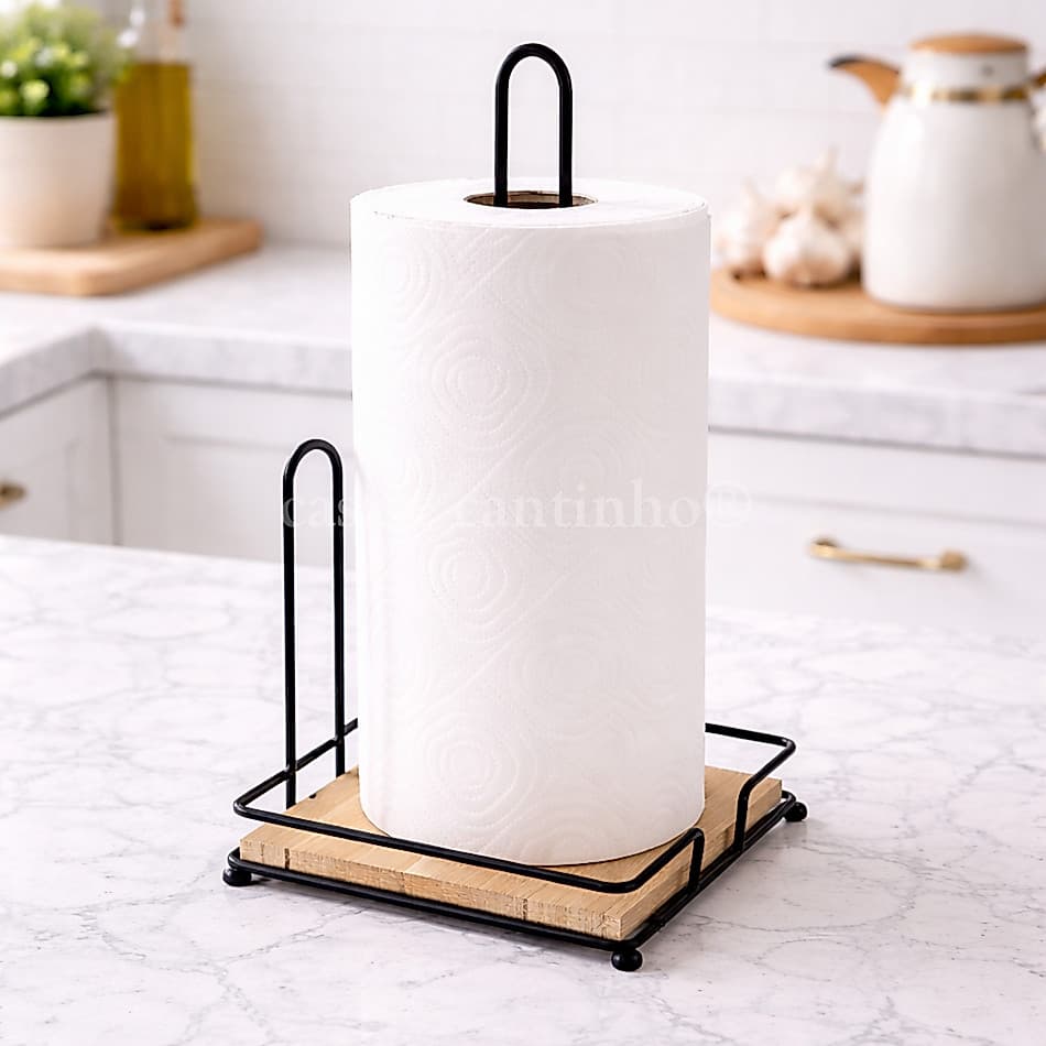 Suporte Porta Papel Toalha De Bambu Porta Guardanapo Preto Ou Dourado Multiuso Organizador Cozinha