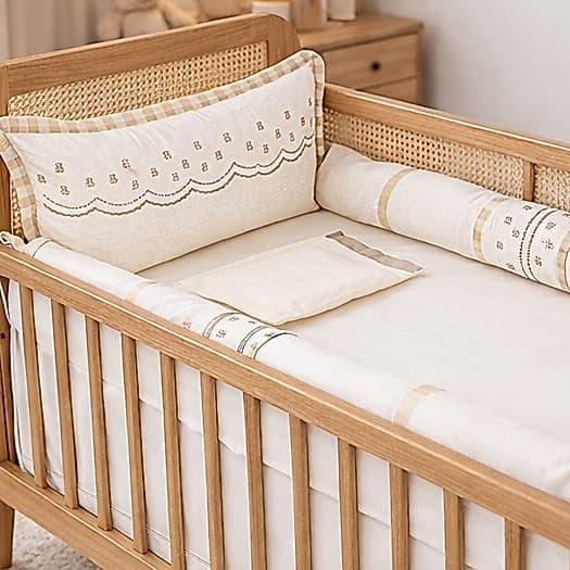 Kit Berço Americano Menino Urso Linho Luxo Bege 100% Algodão Enxoval de Bebê