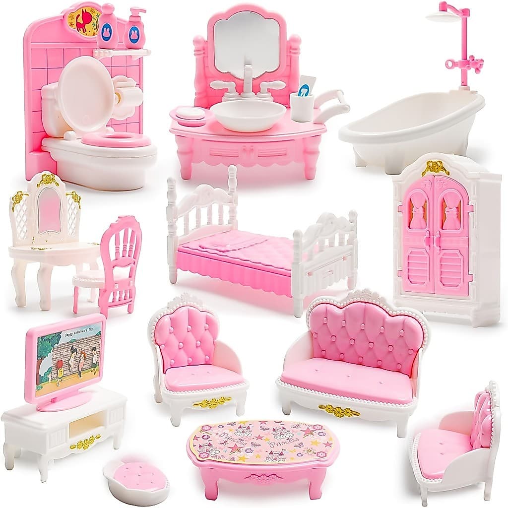 Conjunto De Móveis Rosa Em Miniatura Para Casas De Bonecas-Escala 1 : 12 , Banheiro , Sala De Estar E Quarto , Acessório