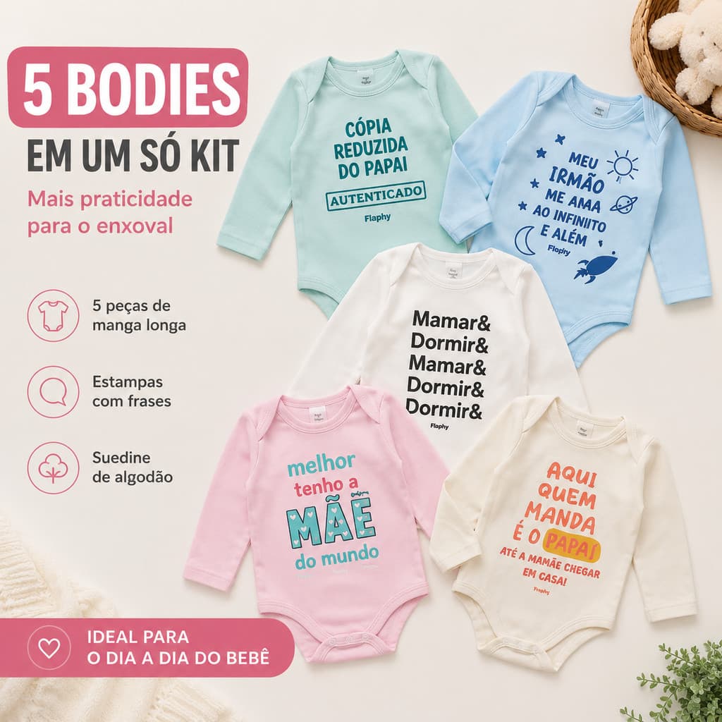 Kit 5 Body Bebê Manga Longa Estampado com Frases Unissex Menino Menina Roupa de Bebê P M G
