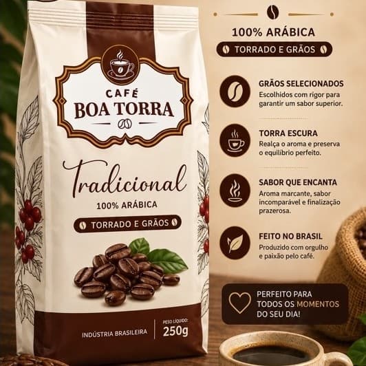 Café Boa Torra Tradicional 100% Arábica Torrado em Grãos 250g – Torra Escura