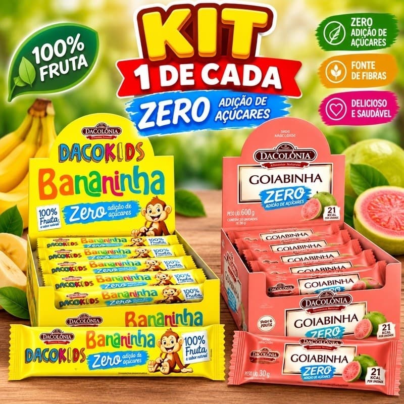 Display Bananinha Fit e Goiabinha Zero DaColônia Doces Zero Açúcar para Revenda e Alimentação Saudável