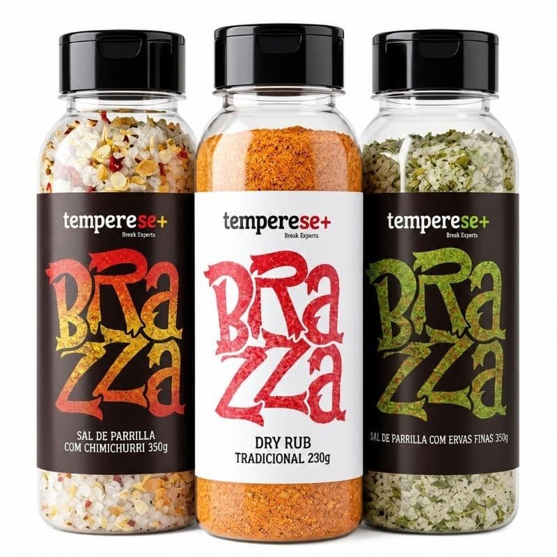 kit de temperos para o churrasco e dia-a-dia com Dry Rub tradicional e Sais de Parrilla com Chimichurri e Ervas Finas.