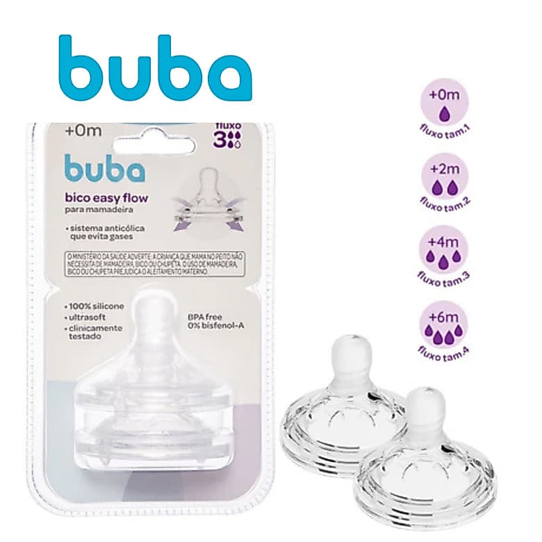 Bicos 2 Unidades  Extra Buba Easy Flow para Mamadeira – Fluxo 1, 2, 3 ou 4 | Anticólica | BPA Free