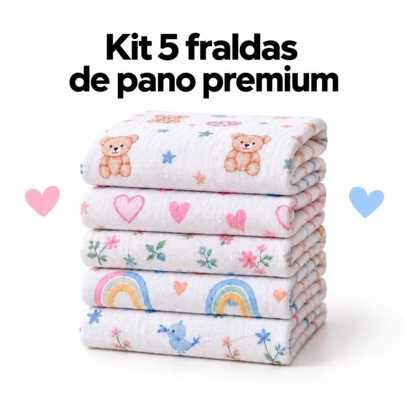 Kit 5 Fraldas de Pano Luxo para Bebê e Recém-Nascido 100% Algodão 60X60cm