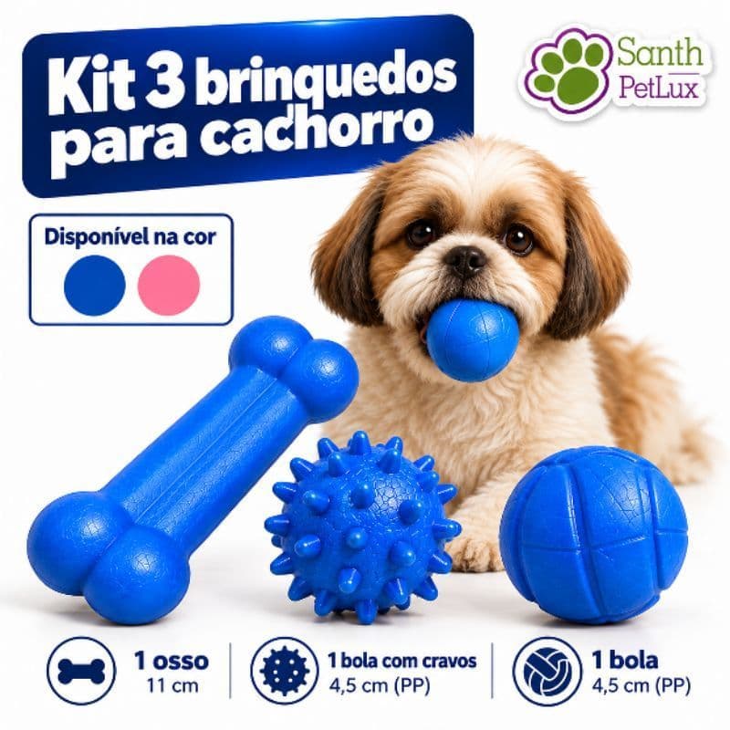 Kit Pet 3 brinquedos para cachorro/ bolinha maciça lisa azul/bolinha maciça mamona /ossinho massageador de borracha azul