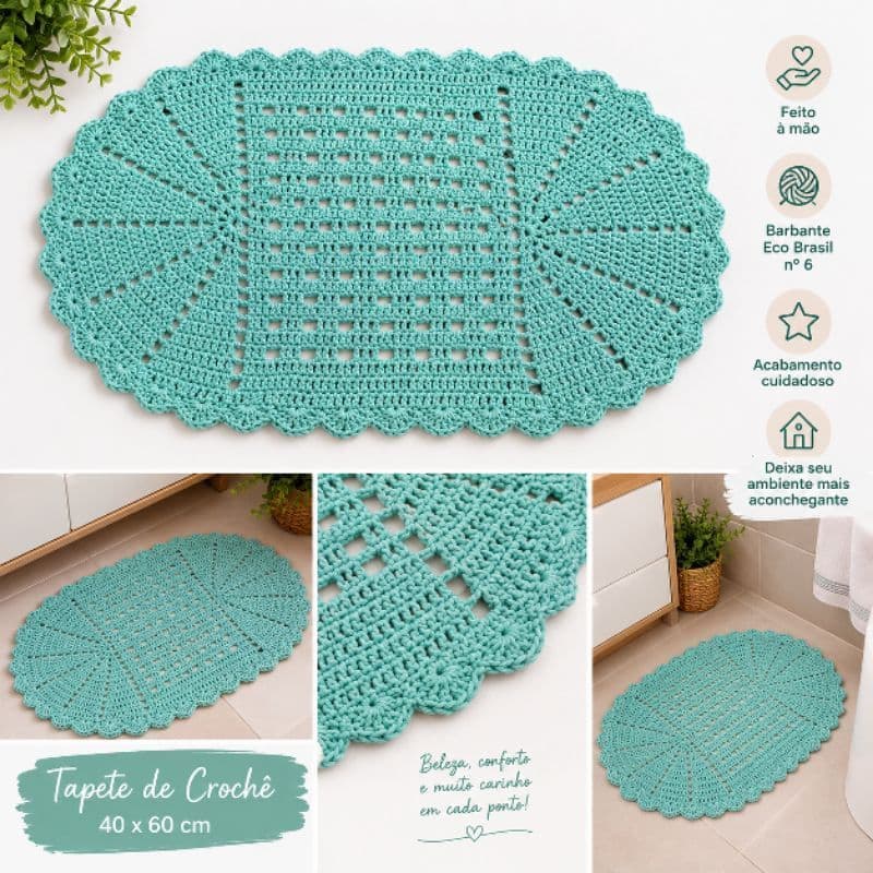 Tapete de Crochê Oval 42x 64 cm em Barbante Eco Brasil nº 6 para Banheiro Cozinha