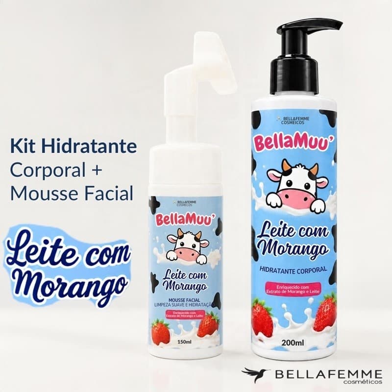 Kit Hidratante BellaMuu Leite com Morango Mousse Facial 150ml + Hidratante Corporal 200ml