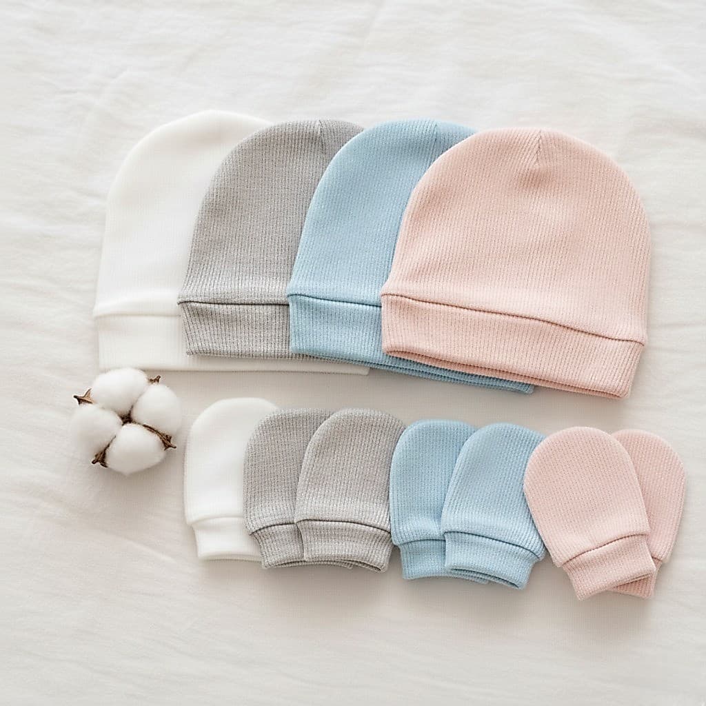 Kit 2 Toucas + 2 Pares de Luvas Bebê Recém Nascido Malha Canelada 100% Algodão Menina e Menino  Enxoval