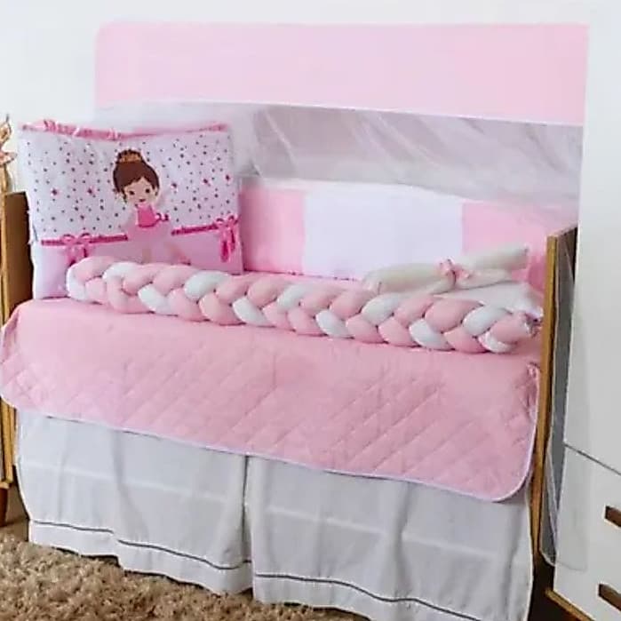 Kit Berço Bebê Menina Bailarina Rosa Trança Enxoval Completo Protetor Mosquiteiro 10 Peças