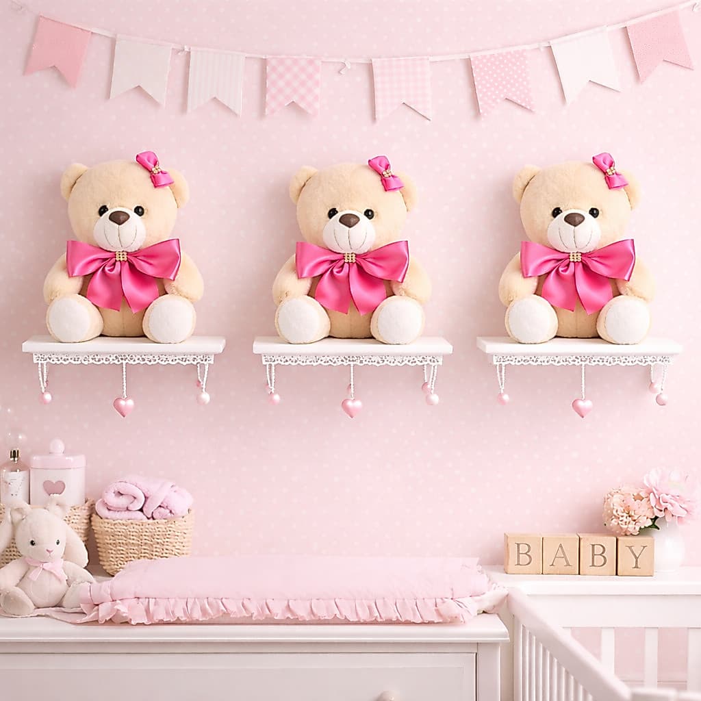 Kit 3 Ursinhos Rosa 22cm Decoração Quarto Bebê Luxo Enxoval Infantil Presente