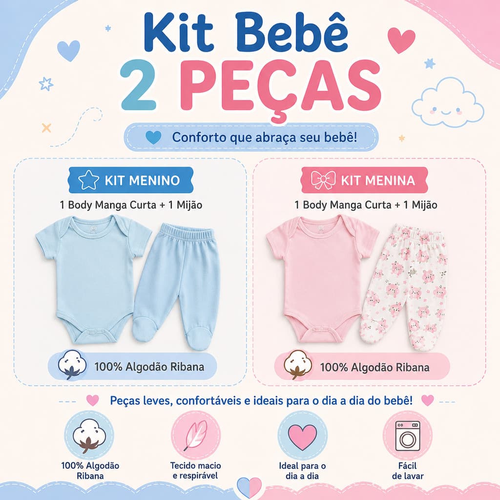 Kit 2 Peças Bebê Body Manga Curta Mijão Algodão Ribana Estampado Unissex Menina Menino Enxoval