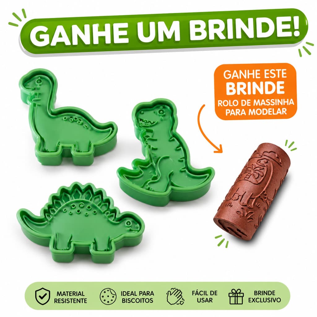 Kit 3 Cortadores Dinossauro para Biscoito Confeitaria e Massa + brinde rolo de modelar massinha
