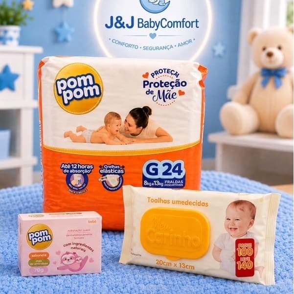 Kit Chá de Bebê (Cuidados para bebê) POM POM - 1 Pacote de Fralda descartavel, 1 Pacote de lenço umedecido, 1 Sabonete