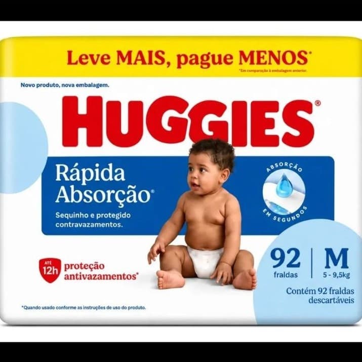 Fraldas Descartáveis Huggies Tripla Proteção M Secagem Rápida e Conforto 92 Unidades