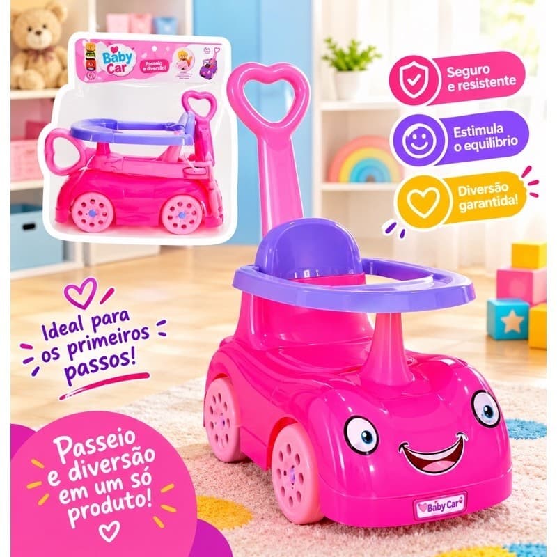Carrinho De Boneca Bebe Reborn Brinquedo Infantil Passeio com empurrador Bs Toys Rosa e Roxo