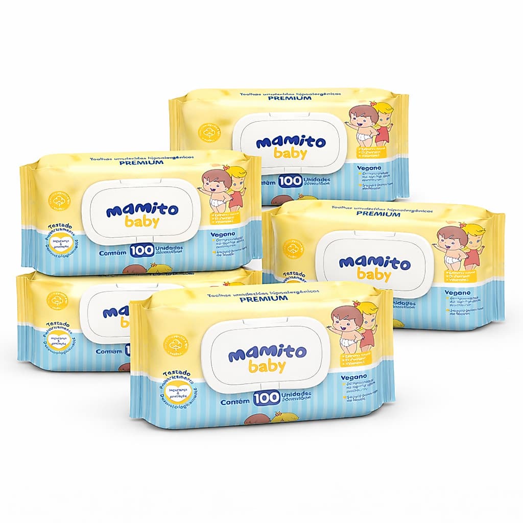 Kit 5 Toalhas Umedecidas Mamito Baby Premium 100 Folhas C Tampa