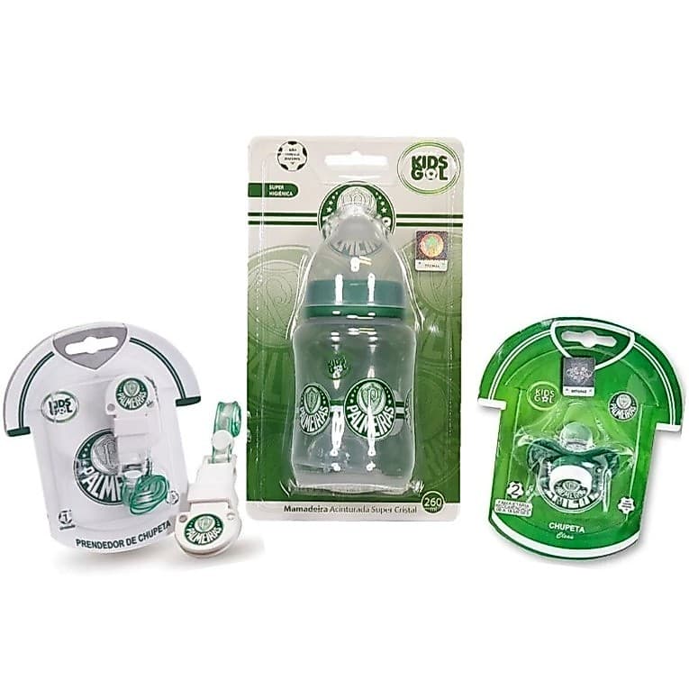Conjunto kit Mamadeira 260ml Chupeta Prendedor do Palmeiras Verdão Infantil Bebê Bico ortodôntico