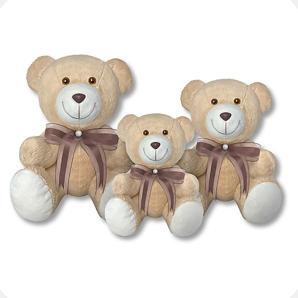 Kit Trio De Ursinhos De Pelúcia Antialérgico Articulado Com Laço 15, 20 e 25cm Urso Para Decoração